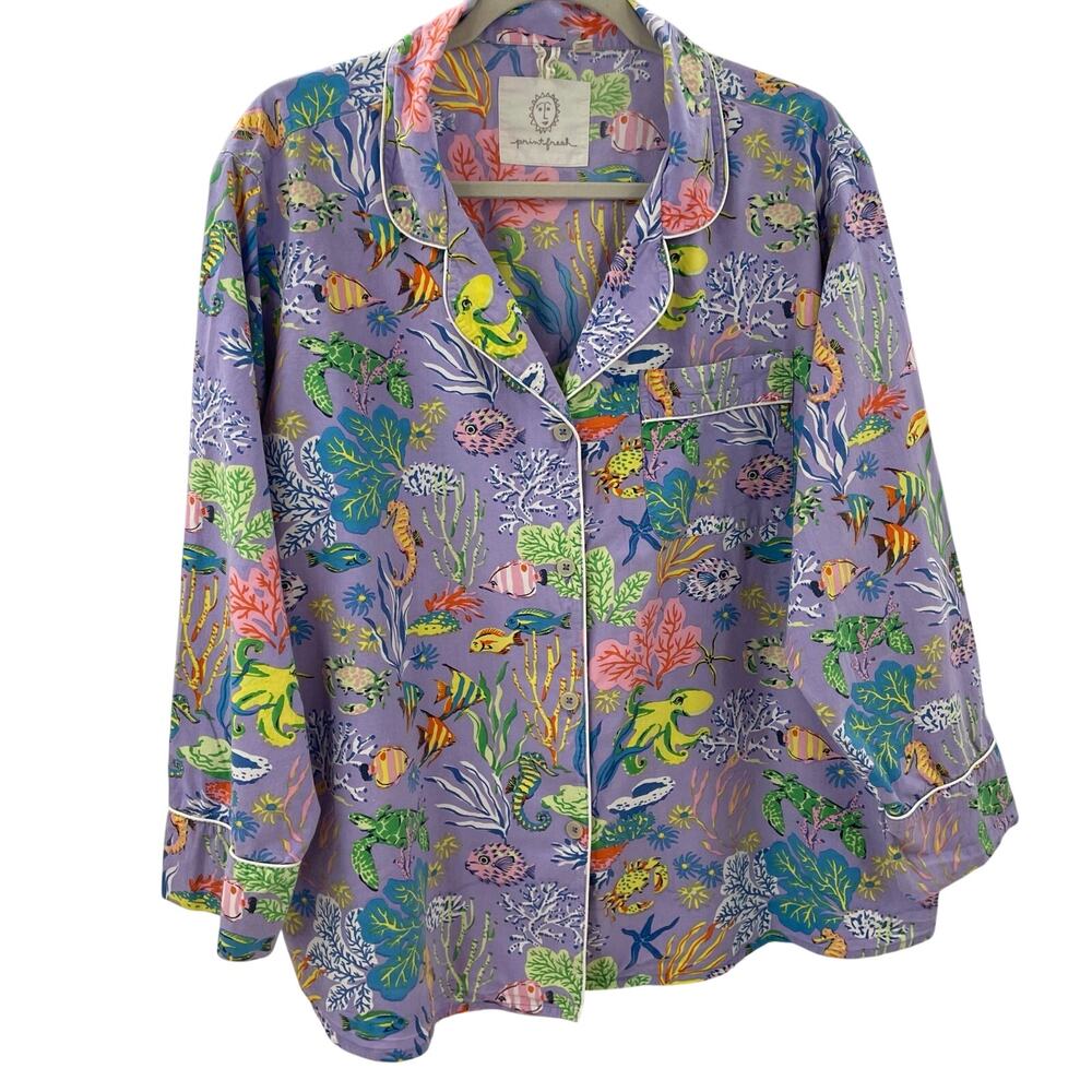 Printfresh Lavender Ocean Fish Print Pajama Top 1X - Picture 2 of 9